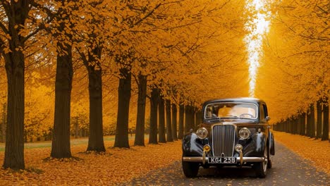 a classic car journey through an enchanted autumn avenue lined with vibrant golden foliage, creating a scenic and picturesque backdrop for a memorable ride