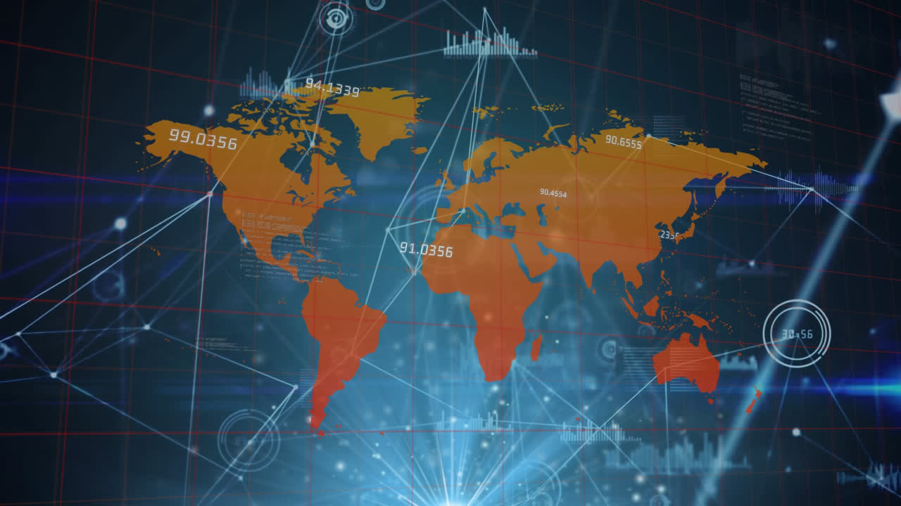 추상적인 배경에 대한 지도와 숫자 위의 그래프와 연결된 아이콘의 애니메이션
