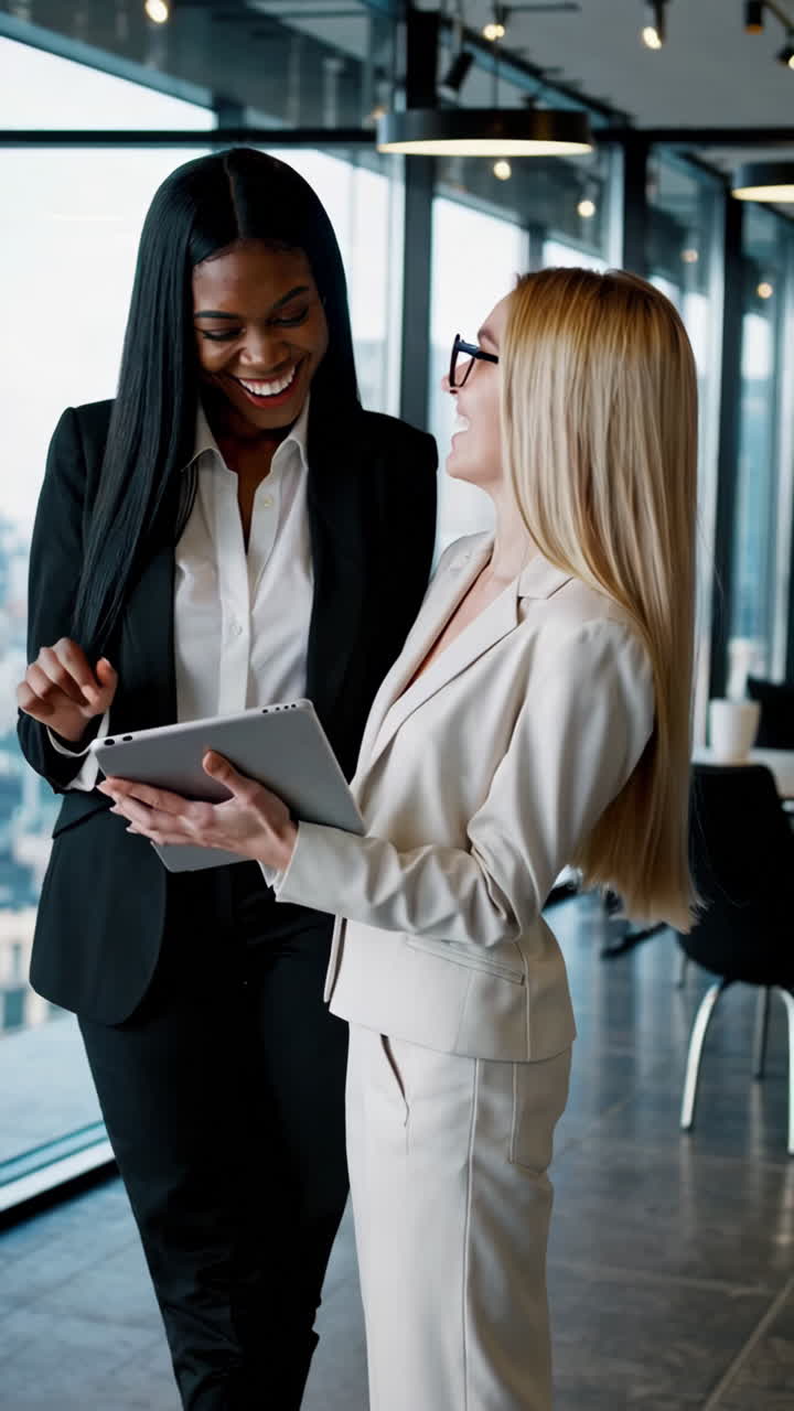 Due donne d'affari che collaborano e discutono di lavoro con un tablet in un ufficio moderno