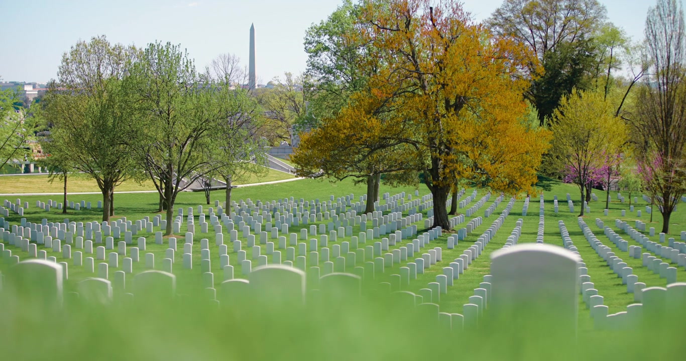Inquadratura dal basso di un campo di tombe nel Cimitero Nazionale di Arlington in Virginia