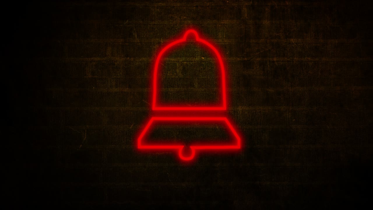 animación del icono de notificación de la campana de neón parpadeante en la pared de ladrillo