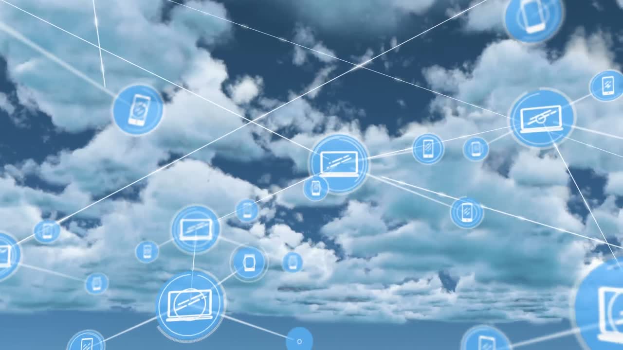 하늘의 구름을 가로지르는 연결 네트워크의 애니메이션