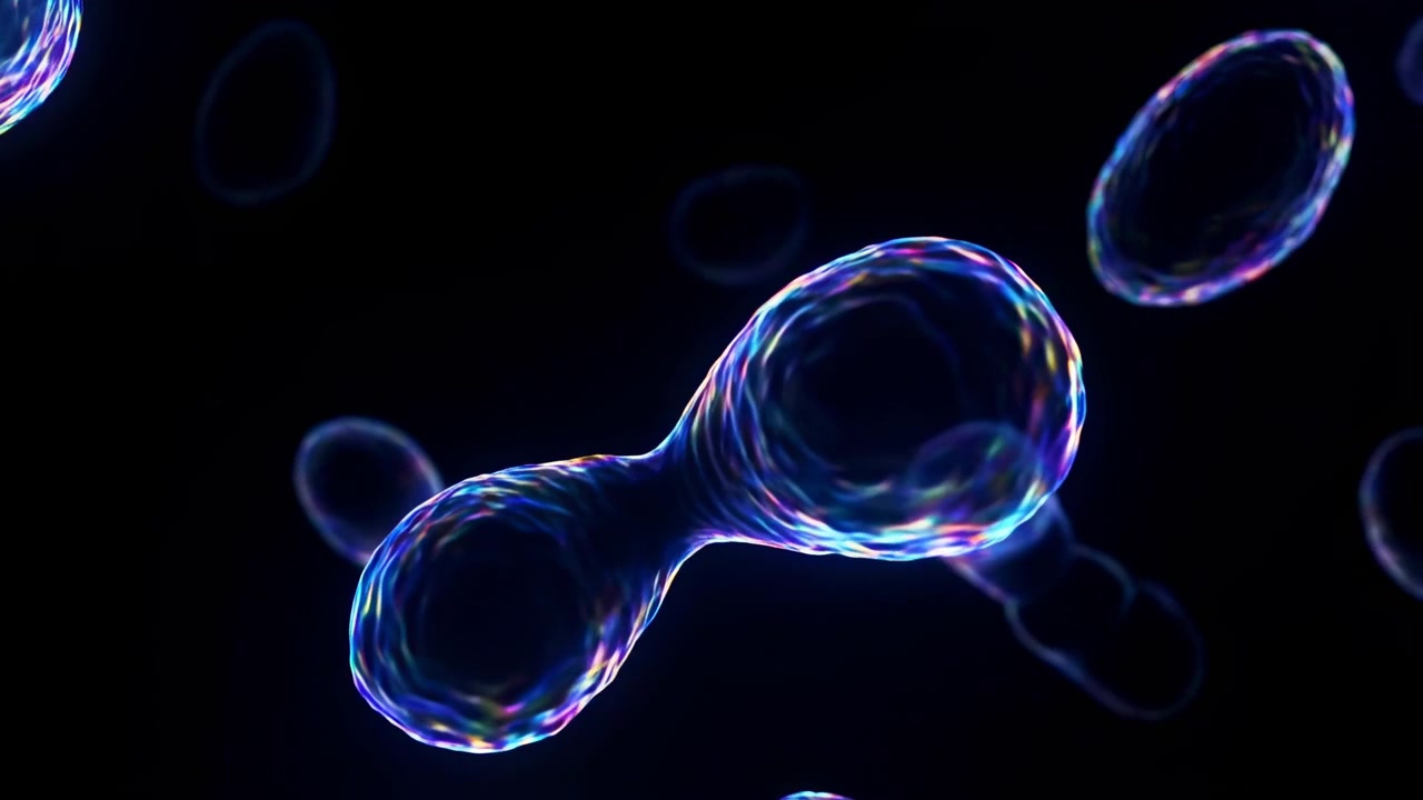 Translucent bubble forms drift across black background with bright iridescent edges, soft blurred rings, glossy glasslike texture, and luminous neon color accents creating futuristic abstract depth