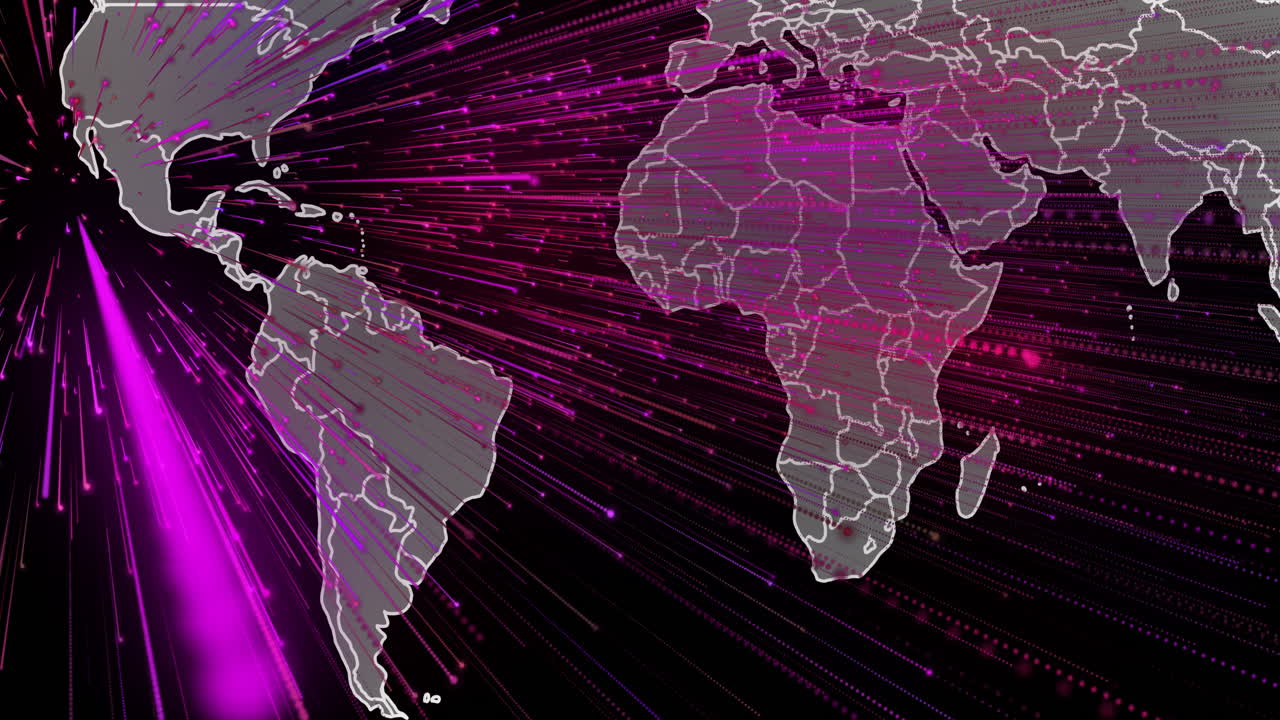 Map fading in with magenta-red streams radiating outward, shifting westward, visualizing data flows