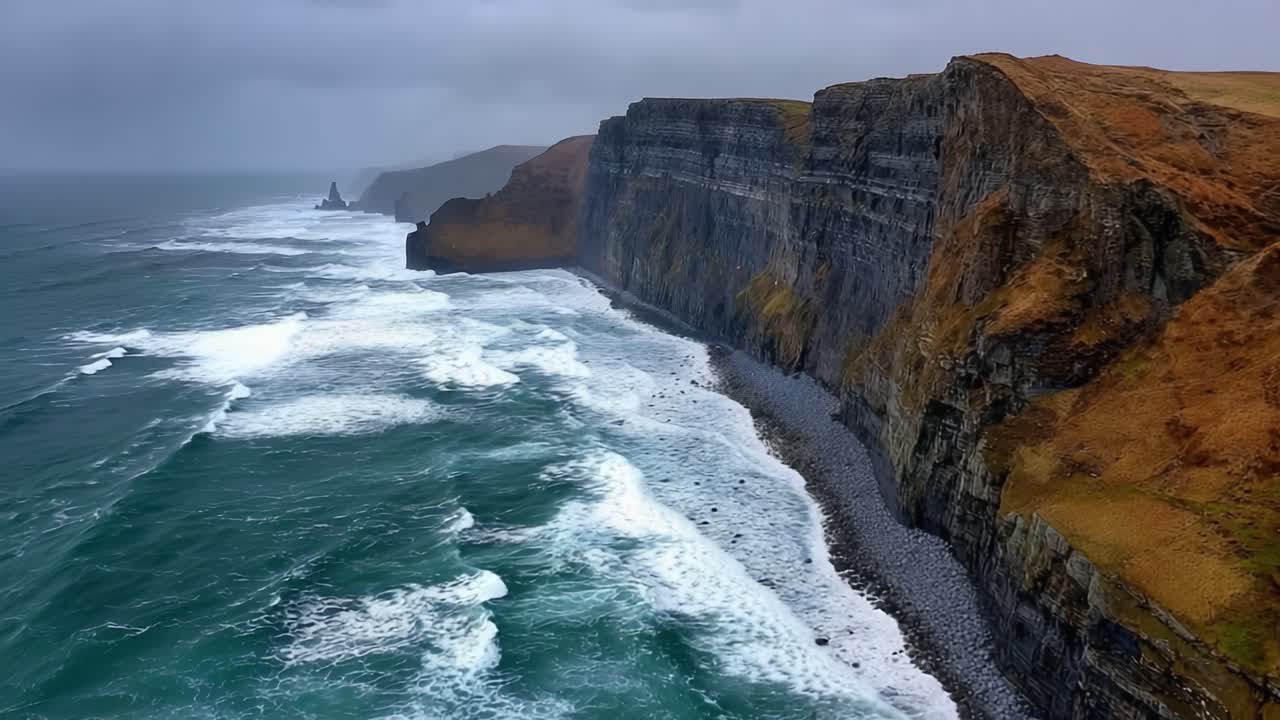 A Stunning Coastal Landscape Featuring Majestic Cliffs, Turbulent Waters, and Dramatic Skies Captured from Above, Showcasing Nature's Raw Beauty and Power