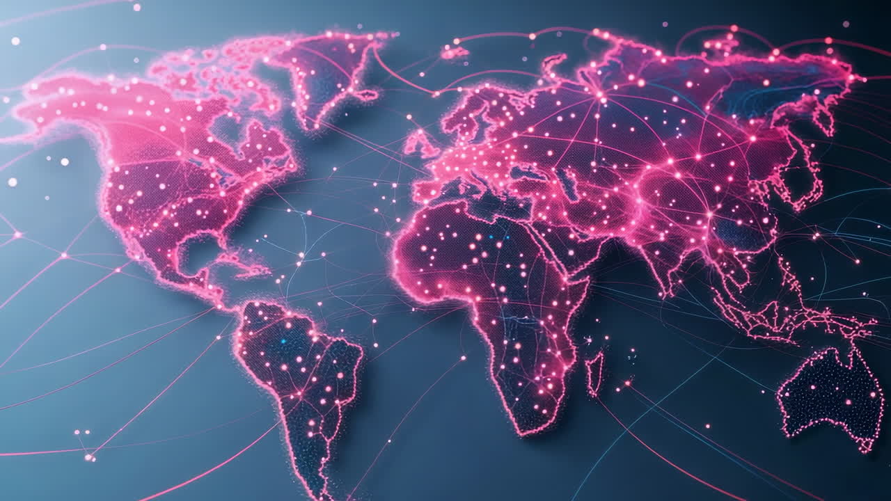 Global Digital Network Map with Glowing Connections
