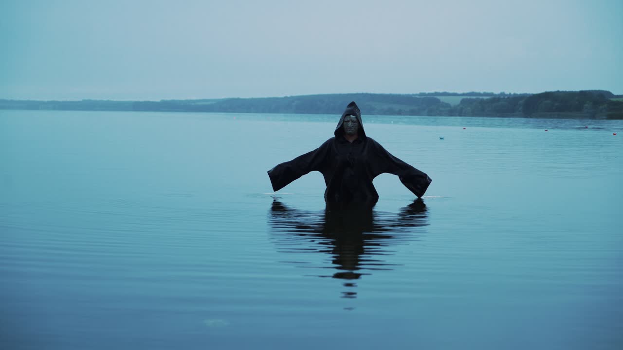 Figura spaventosa con mantello nero. Donna horror immersa nell'acqua del fiume.