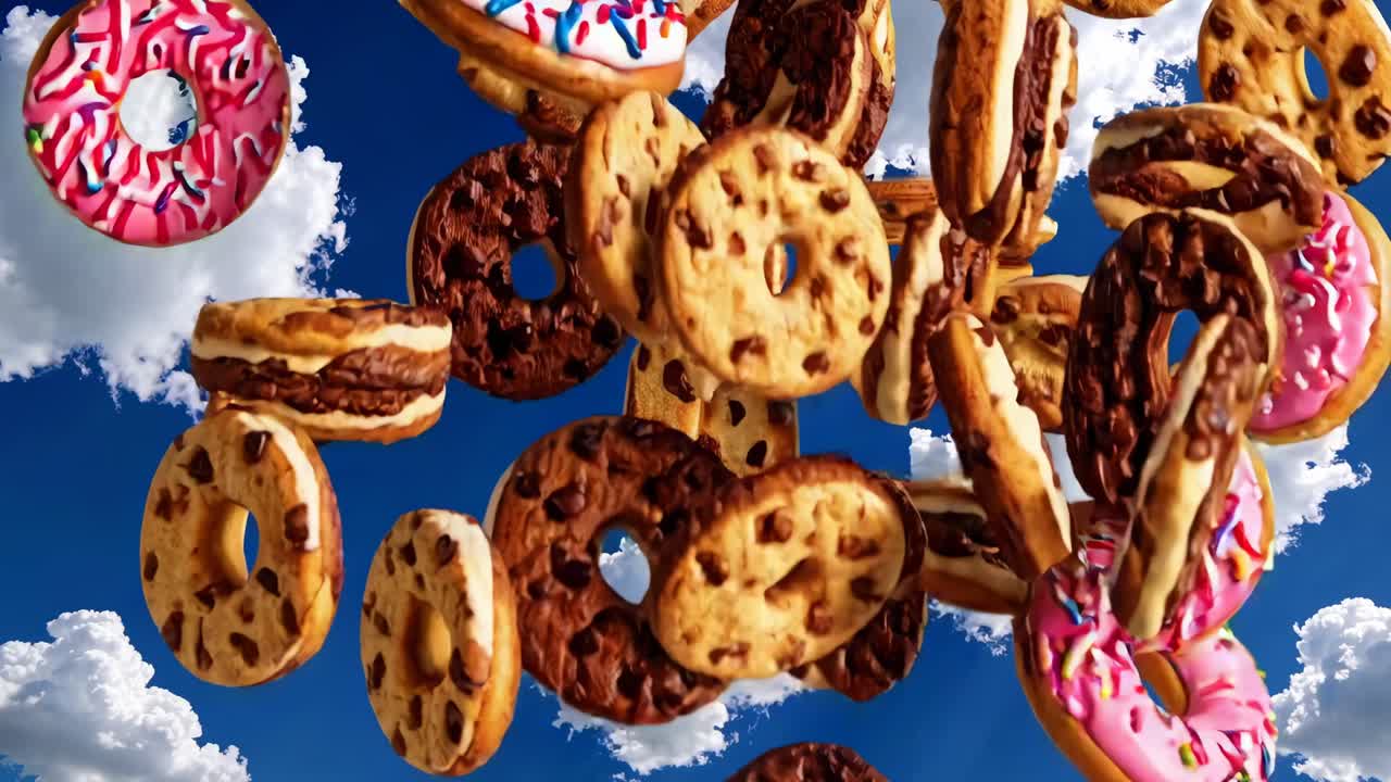 Un video concept stravagante con biscotti che cadono dal cielo. Ripreso da un'angolazione bassa su uno sfondo vivace