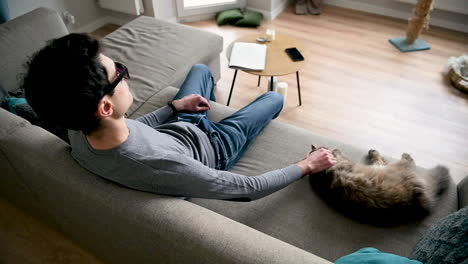 rear view of a blind man in sunglasses sitting on the sofa at home and petting his cat