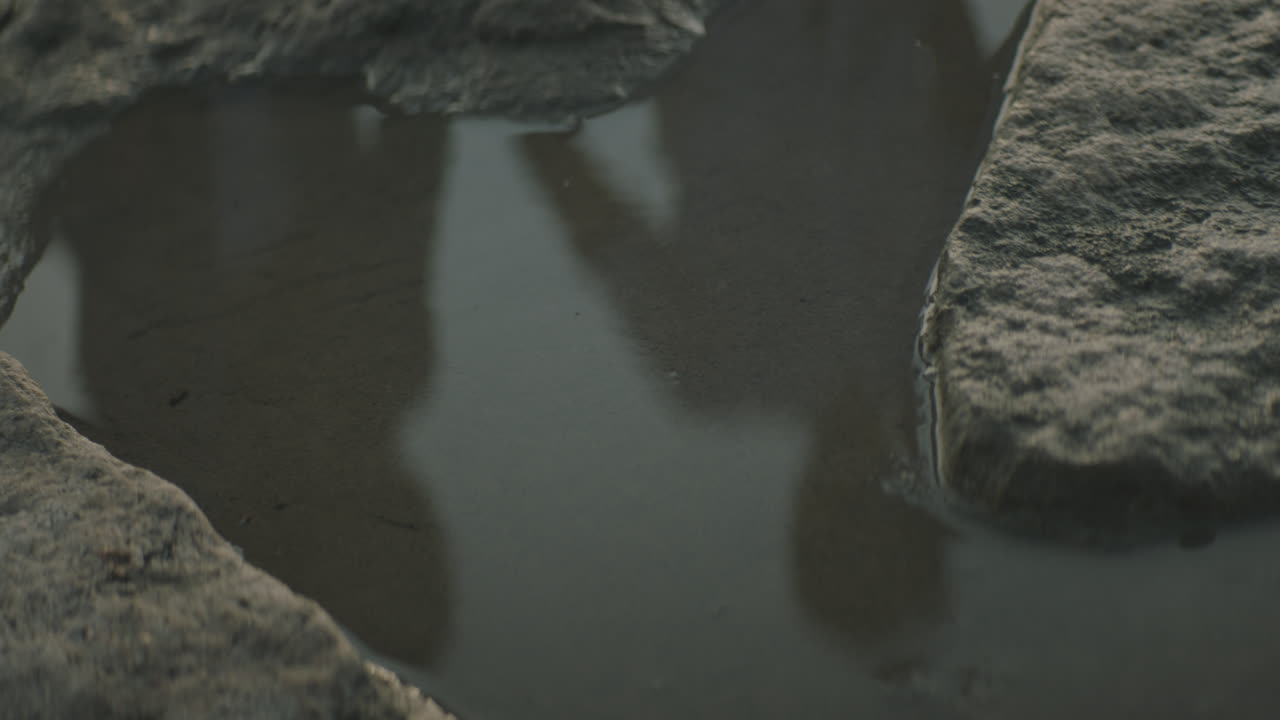 reflejo en el agua de una pareja joven caminando