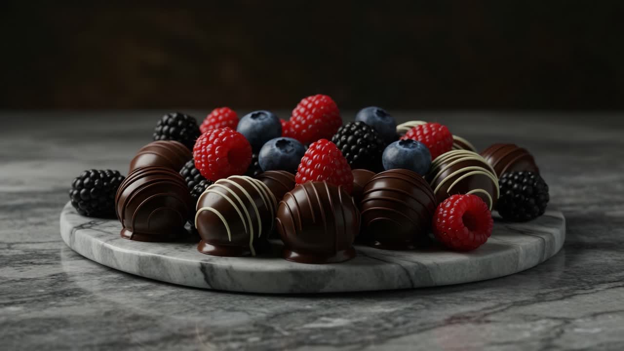 An Exquisite Arrangement of Chocolate Truffles and Fresh Berries on a Stylish Marble Plate, Perfect for An Elegant Dessert Presentation