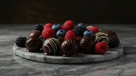 an exquisite arrangement of chocolate truffles and fresh berries on a stylish marble plate, perfect for an elegant dessert presentation
