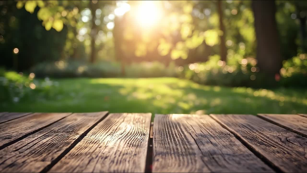 Vista di un giardino illuminato dal sole da un tavolo di legno ripreso dal basso, perfetto per uno sfondo video sereno.