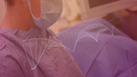 surgeon wearing scrubs, focusing on surgery in medical or, showing translucent data?wave overlay