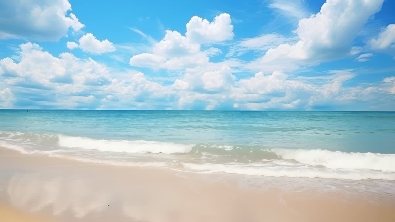 Serene beach scene with gentle waves under a bright blue sky. Captured ...