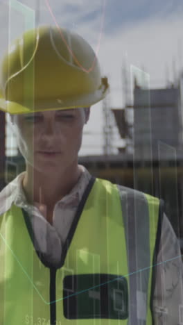 animation of statistics processing over female architect holding plans at construction site