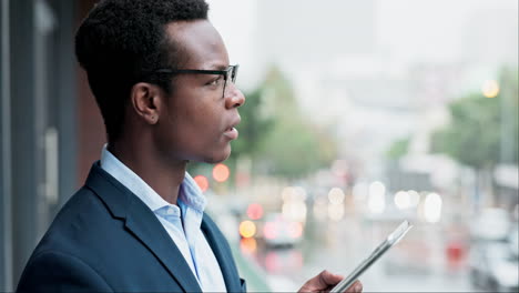 tablet, black man and thinking on balcony