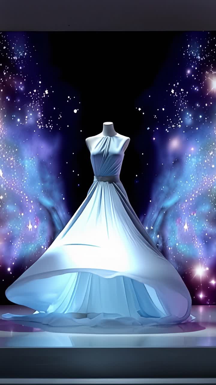 A Stunning Evening Gown Displayed in a Magical Starry Environment with Beautiful Light Effects and Elegant Design Capturing Fashion Enthusiasts' Attention