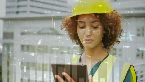 animation of statistics processing over female architect using tablet at construction site