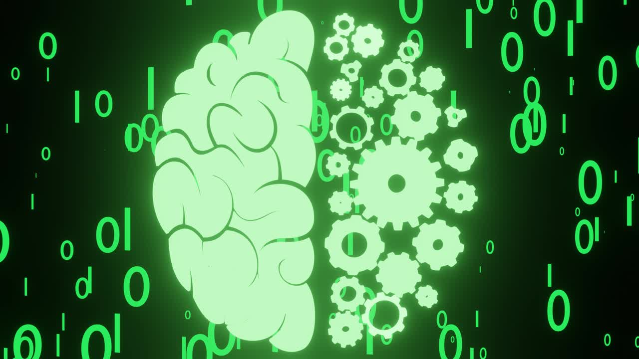 brillando verde fluorescente cerebro humano y engranajes giratorios o engrenajes. ceros y unos que caen desde arriba. concepto de inteligencia artificial.