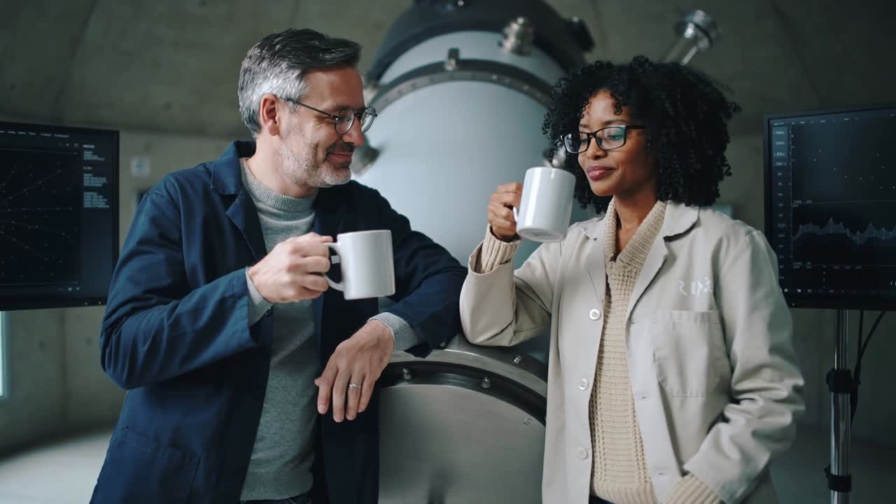 Dois cientistas de jaleco e óculos levantando canecas, tomando café no telescópio do laboratório durante um intervalo.