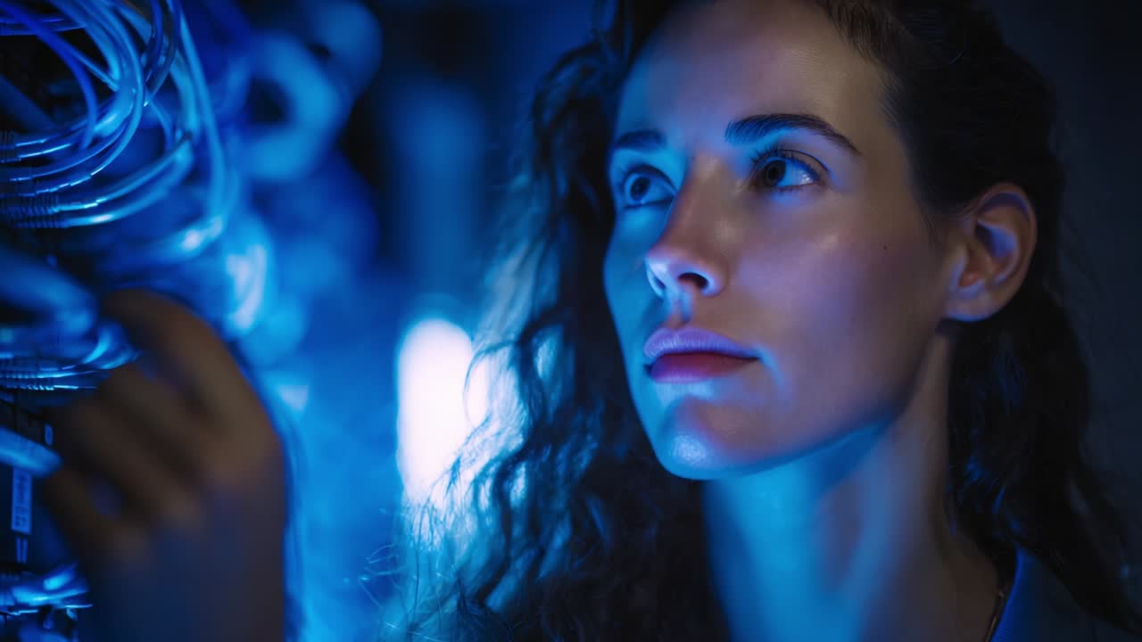 A focused female technician examining intricate network cables in a dimly lit server room, illuminated by a soft blue glow, symbolizing the convergence of technology and human expertise in the digital age