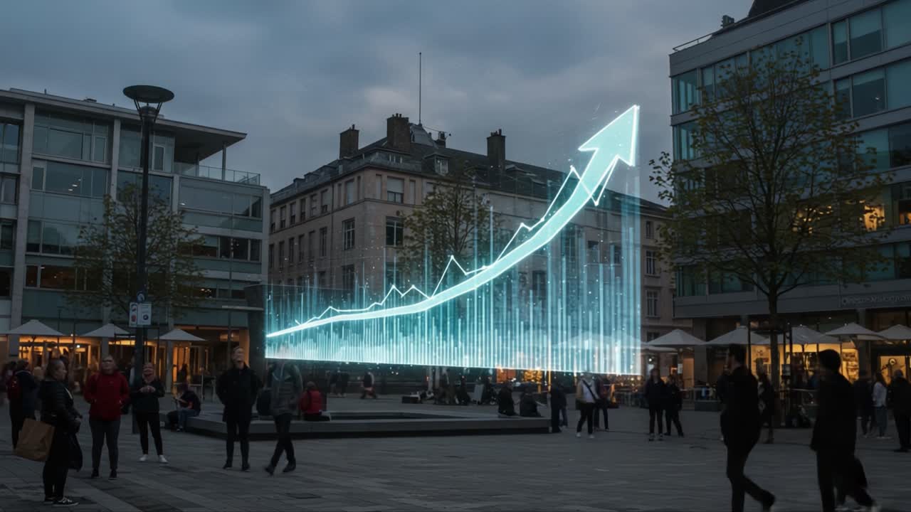 An impressive digital projection of an upward-trending graph overlays a bustling public square, conveying themes of progress and economic growth amidst an urban backdrop