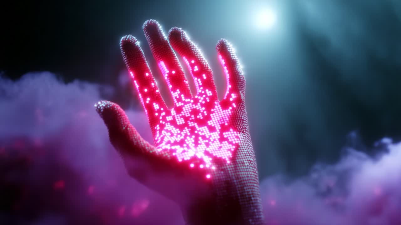 A mesmerizing visual representation of a hand illuminated with vibrant pixelated lights against a mystical foggy backdrop, blending the themes of technology, art, and digital abstraction in stunning detail