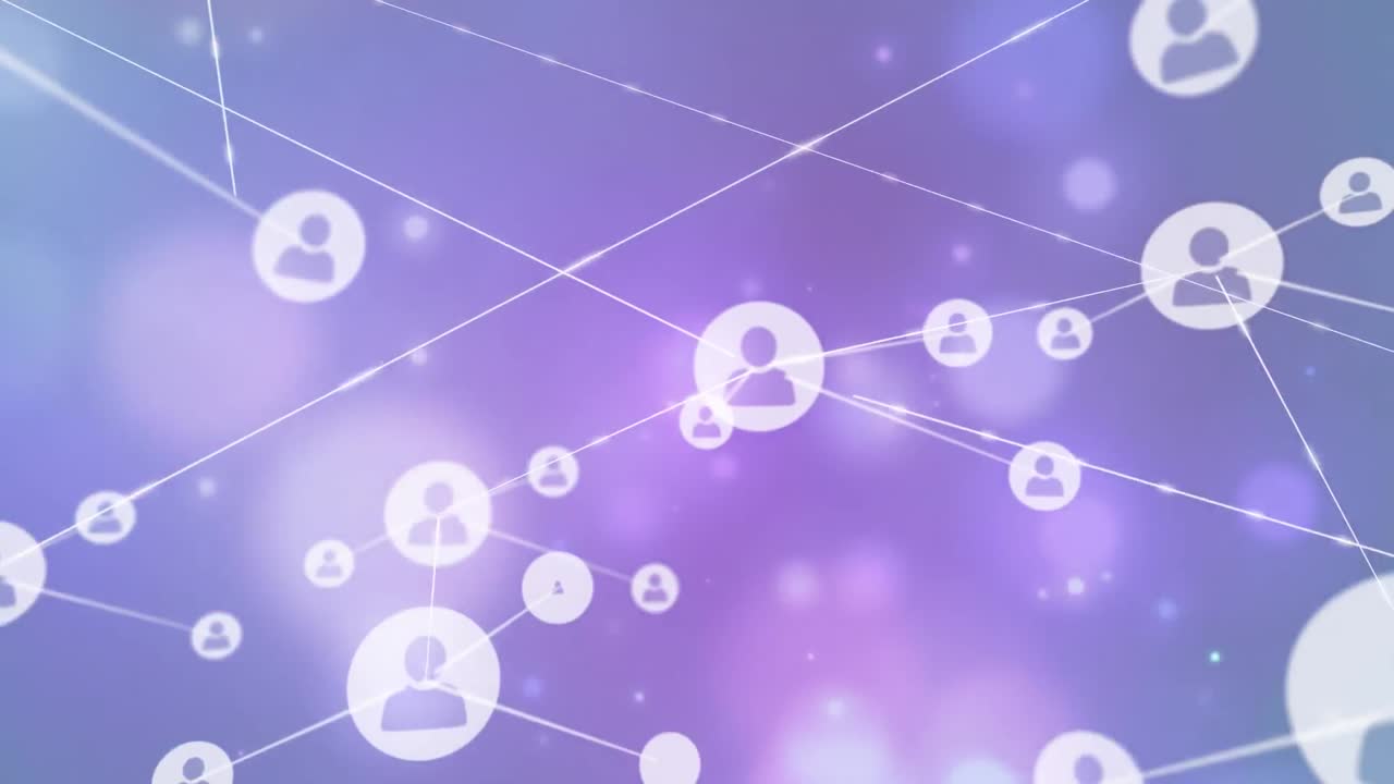 Animazione di rete di icone digitali su punti luce su sfondo sfumato viola