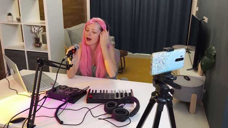 Donna che registra musica in uno studio domestico