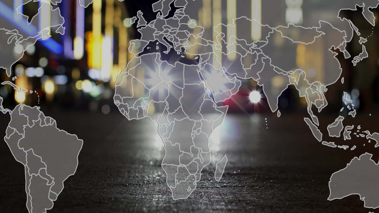 animación del mapa del mundo sobre la calle de la ciudad con luces borrosas y coches