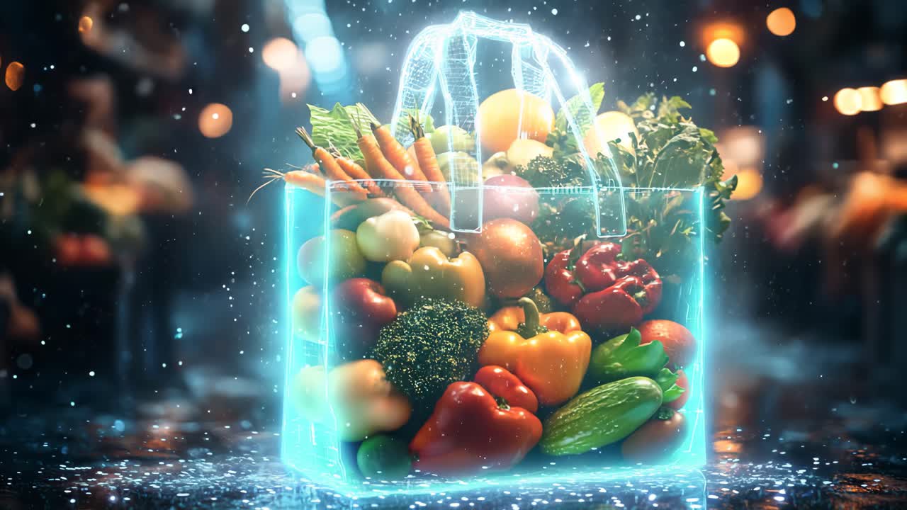 A bag of vegetables is shown in a blue and green color. The vegetables are displayed in a clear plastic bag, and the bag is floating in the air. The image has a futuristic and surreal feel to it
