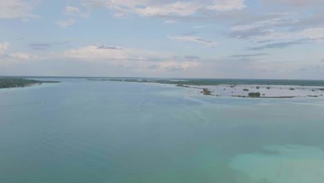 bacalar, mexico aerial landscape on beautiful calm evening, copy space in sky