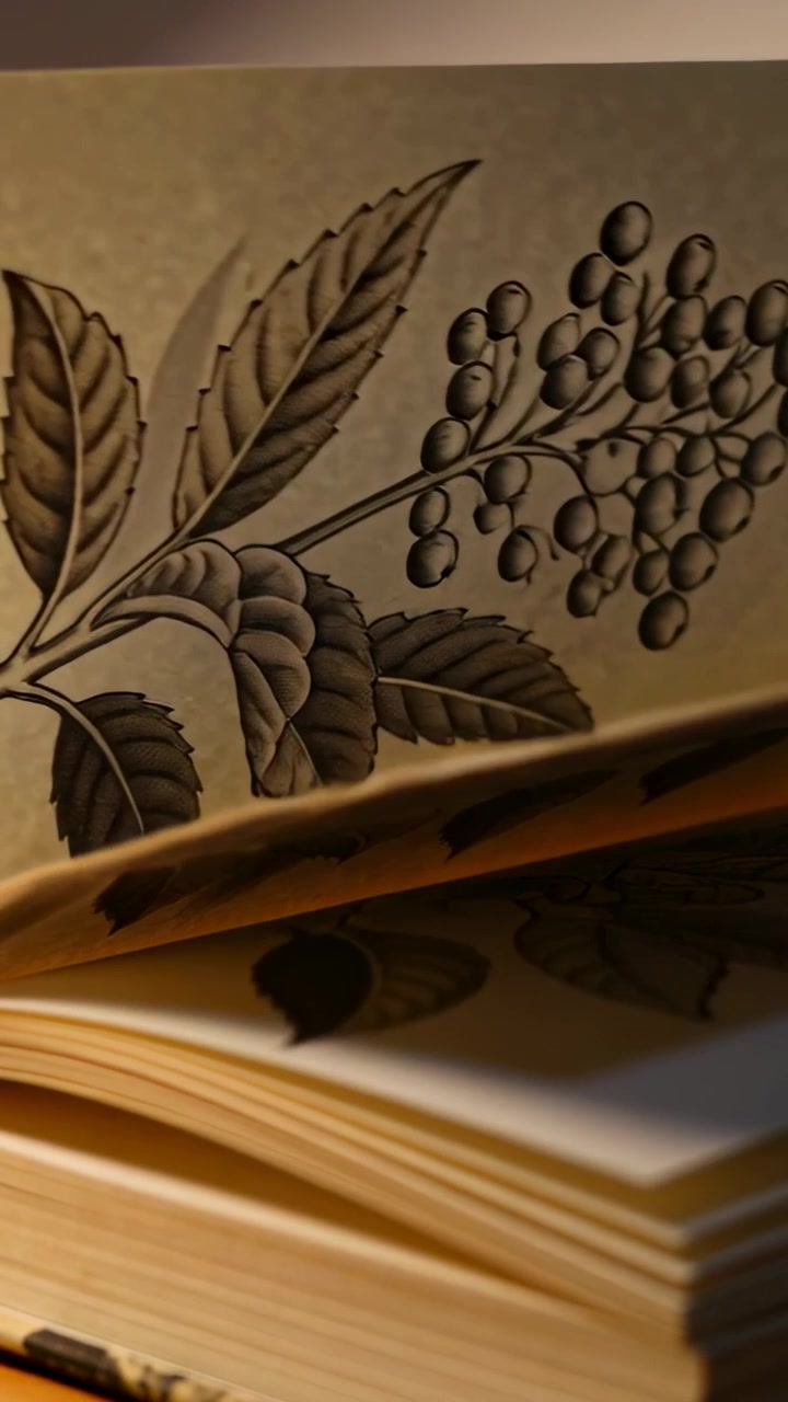 Video verticale: Mano nascosta che gira una pagina botanica di un libro su un tavolo, mostrando pagine color crema