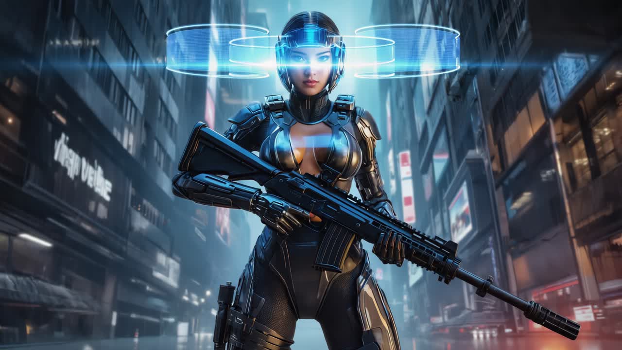 Futuristic Female Warrior in Cyberpunk City