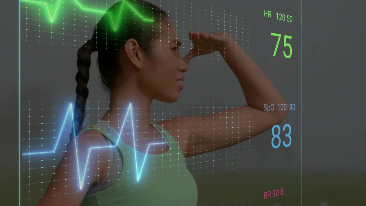 Woman with mat shading eyes while holo appearing before her, ECG traces updating vitals for fitness