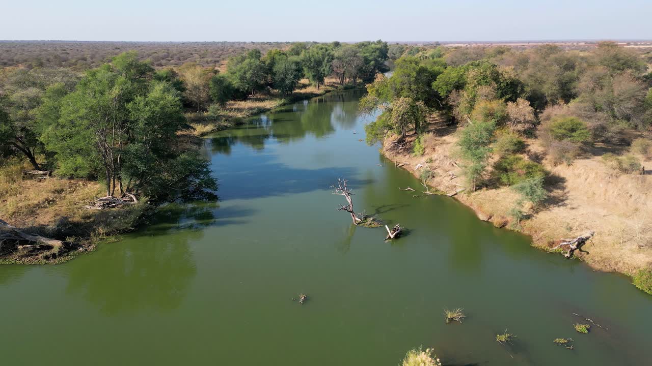 Aerial view of the Limpopo river that forms the international border between South Africa and Botswana