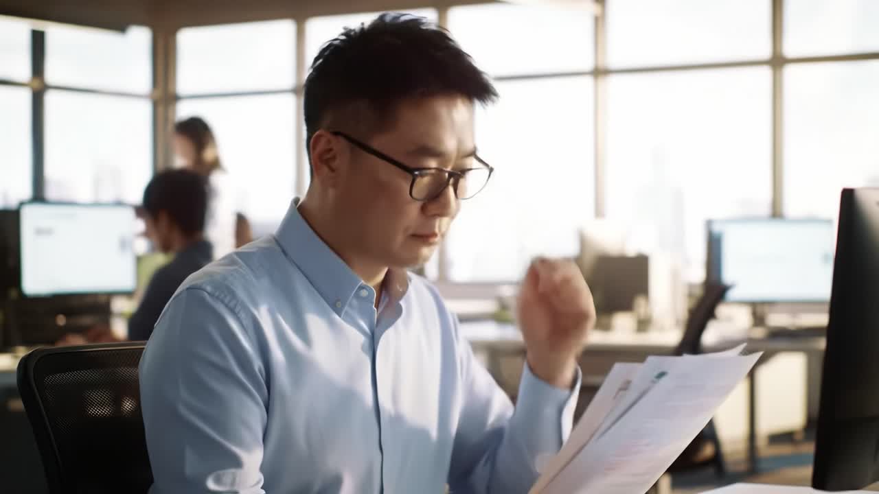 Focused Office Worker Reviewing Important Documents in a Modern Workspace with Large Windows, Showcasing Concentration, Professionalism, and Productivity