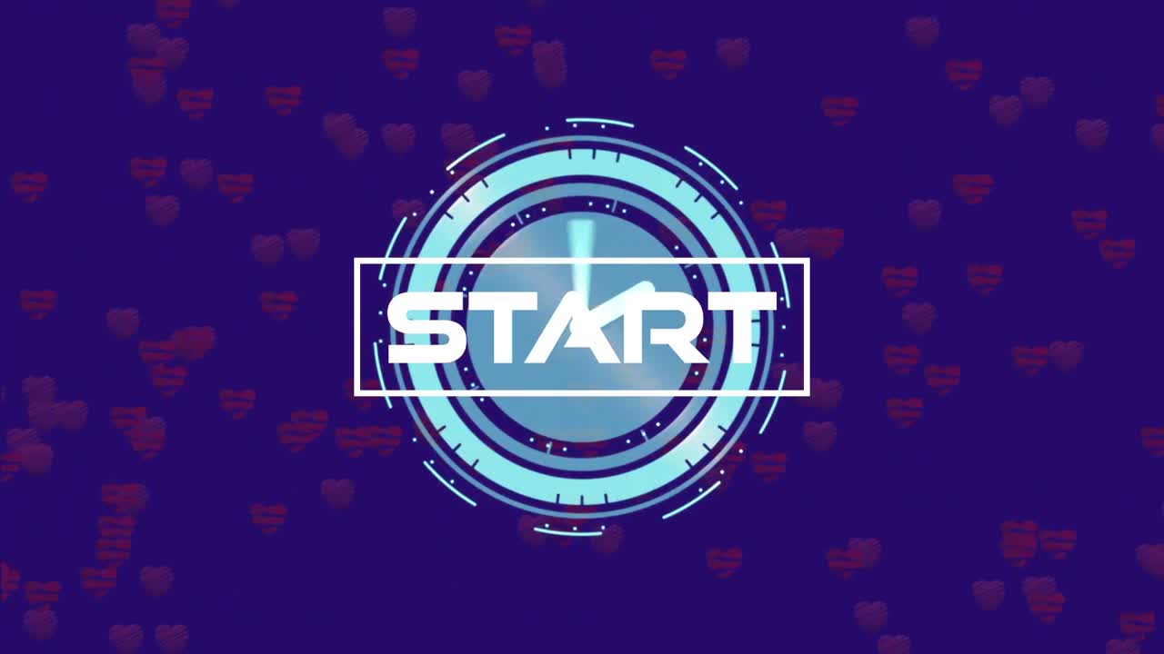 Animation of start text over scope scanning and hearts on blue background