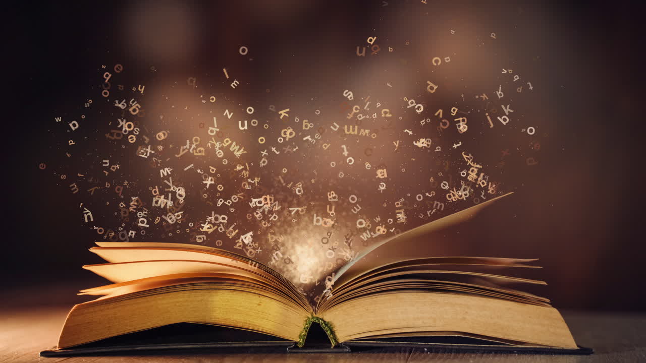 Open book with letters falling into the pages. Looped animation with flying particles and magic light.