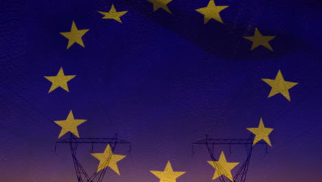 animation of european union flag over electricity pylons in field at sunset