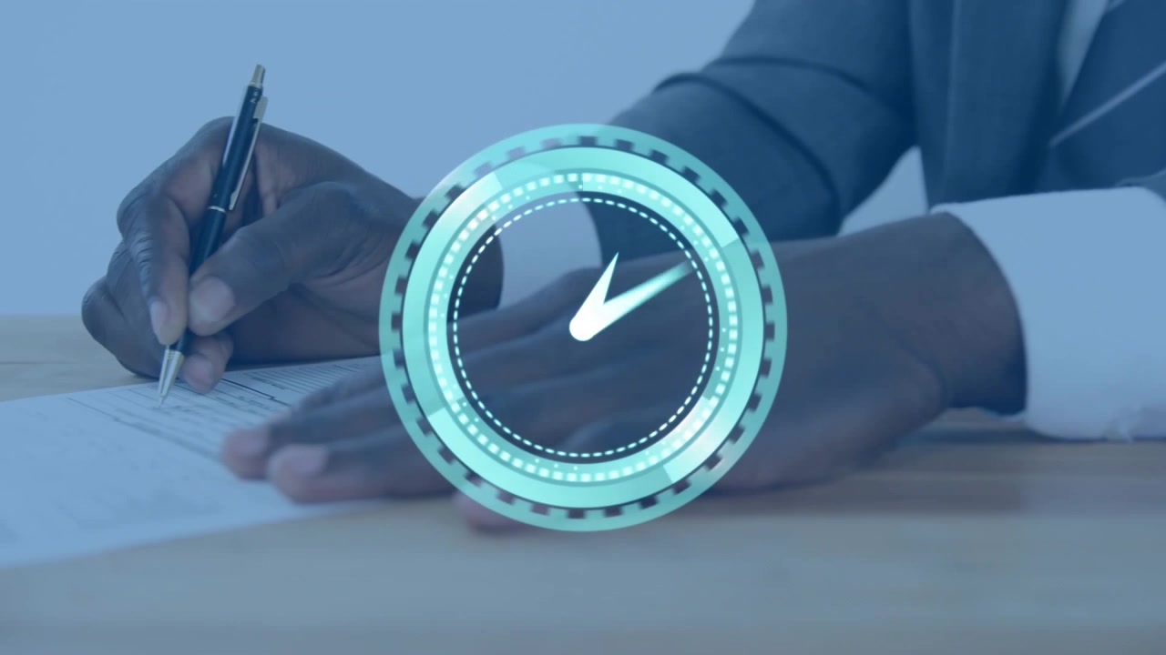 Holo clock appearing, man reaching for pen and signing business form, timer breaking over hands