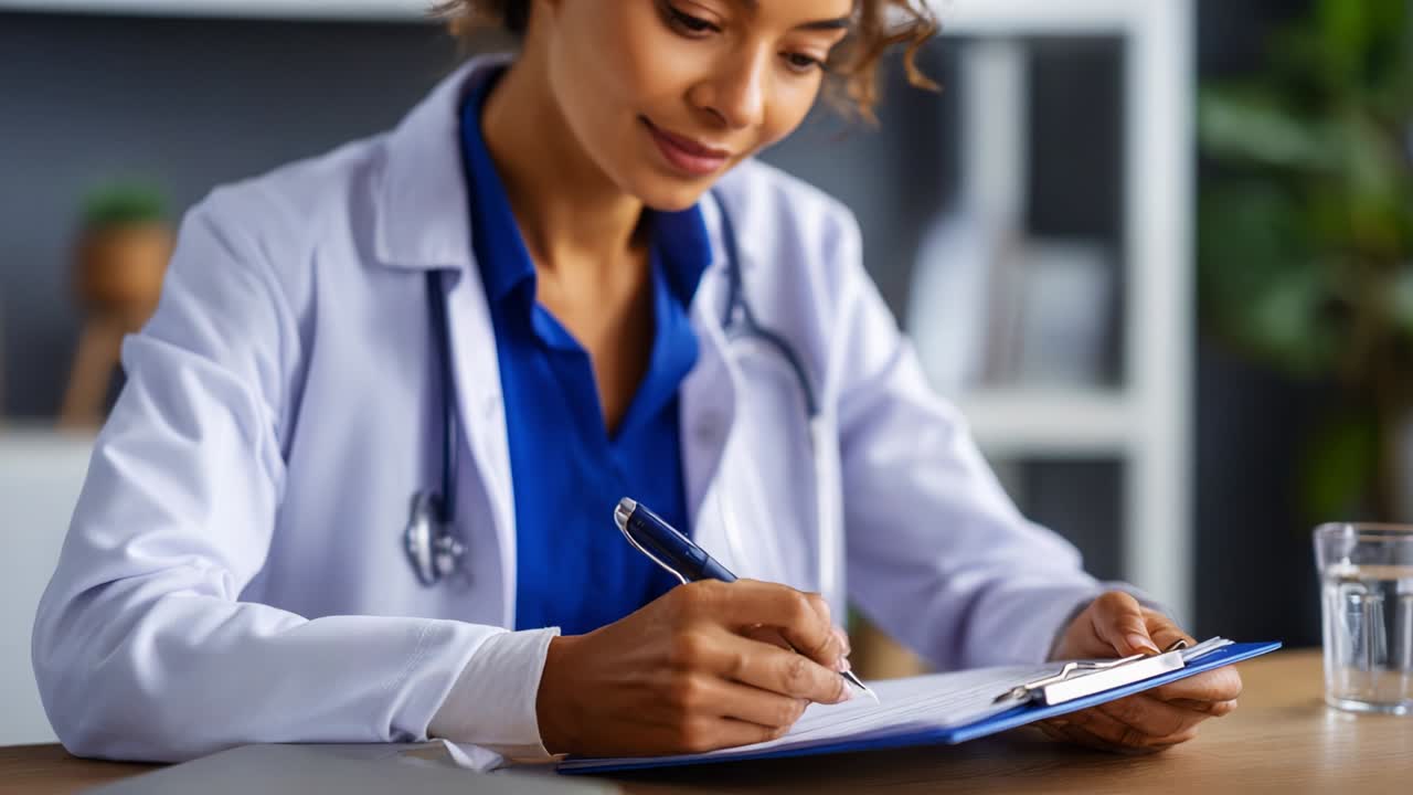 A focused healthcare professional meticulously documenting patient information while seated at a desk, showcasing attention to detail and commitment to providing quality medical care in a modern office setting