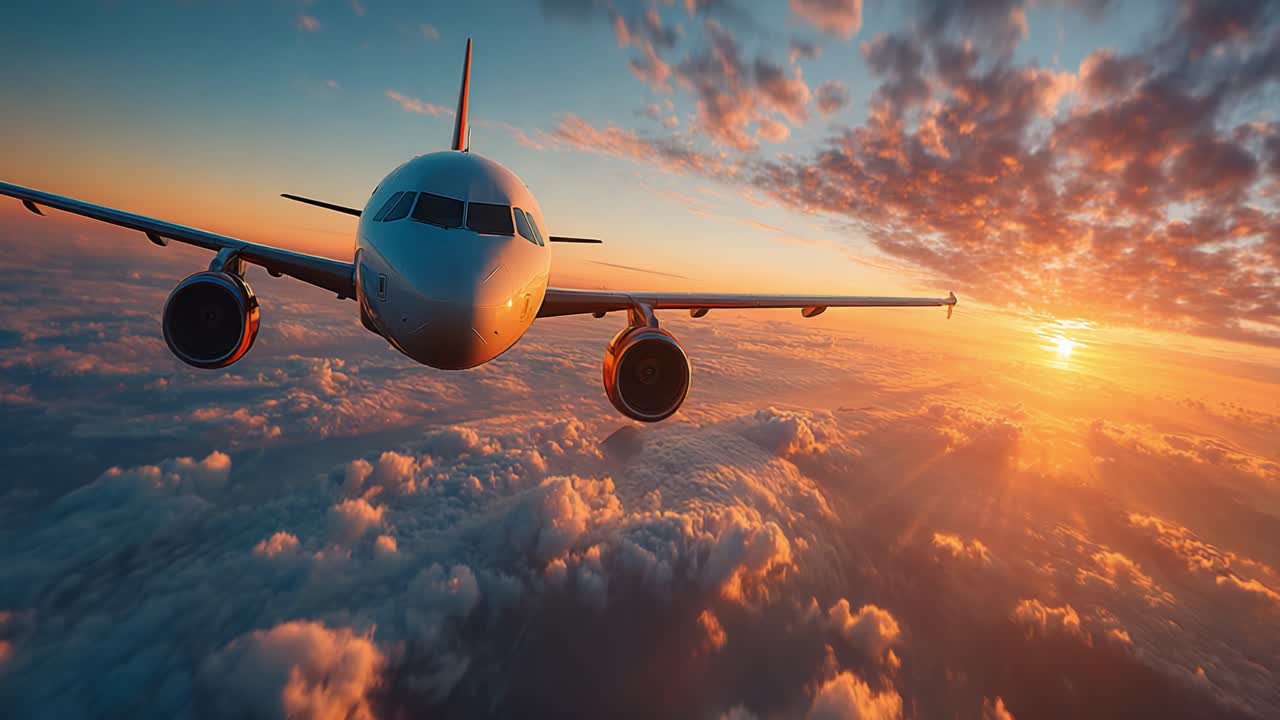 Uma vista impressionante de um avião voando sobre as nuvens durante um pôr do sol vibrante, mostrando a bela interação de cores no céu e a majestosa estrutura da asa