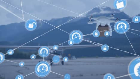 Animation-of-networks-of-connections-and-digital-drone-over-plane