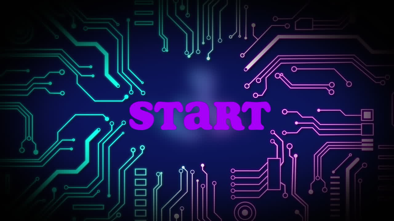 Animation of start text in pink letters over glowing circuit board