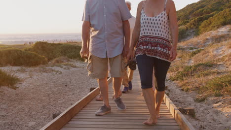 grupo de amigos mayores caminando por el paseo marítimo en la playa en vacaciones de grupo de verano