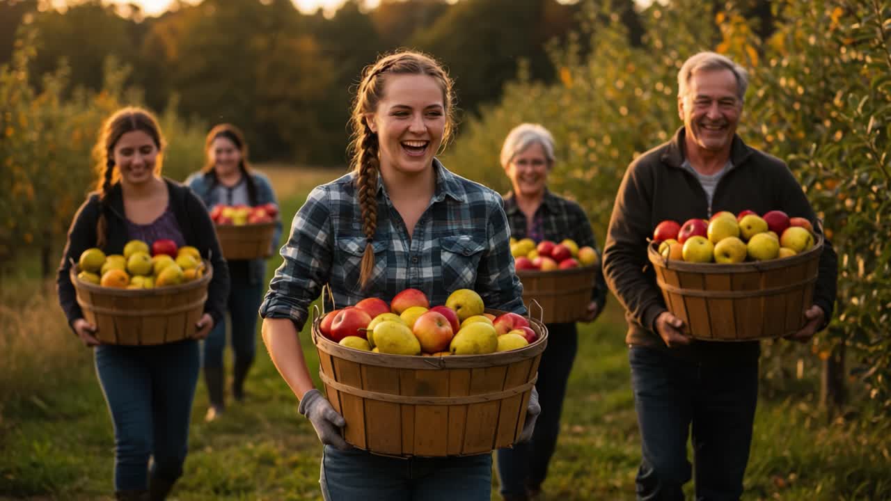 Bljje mensen oogsten appels in een boomgaard