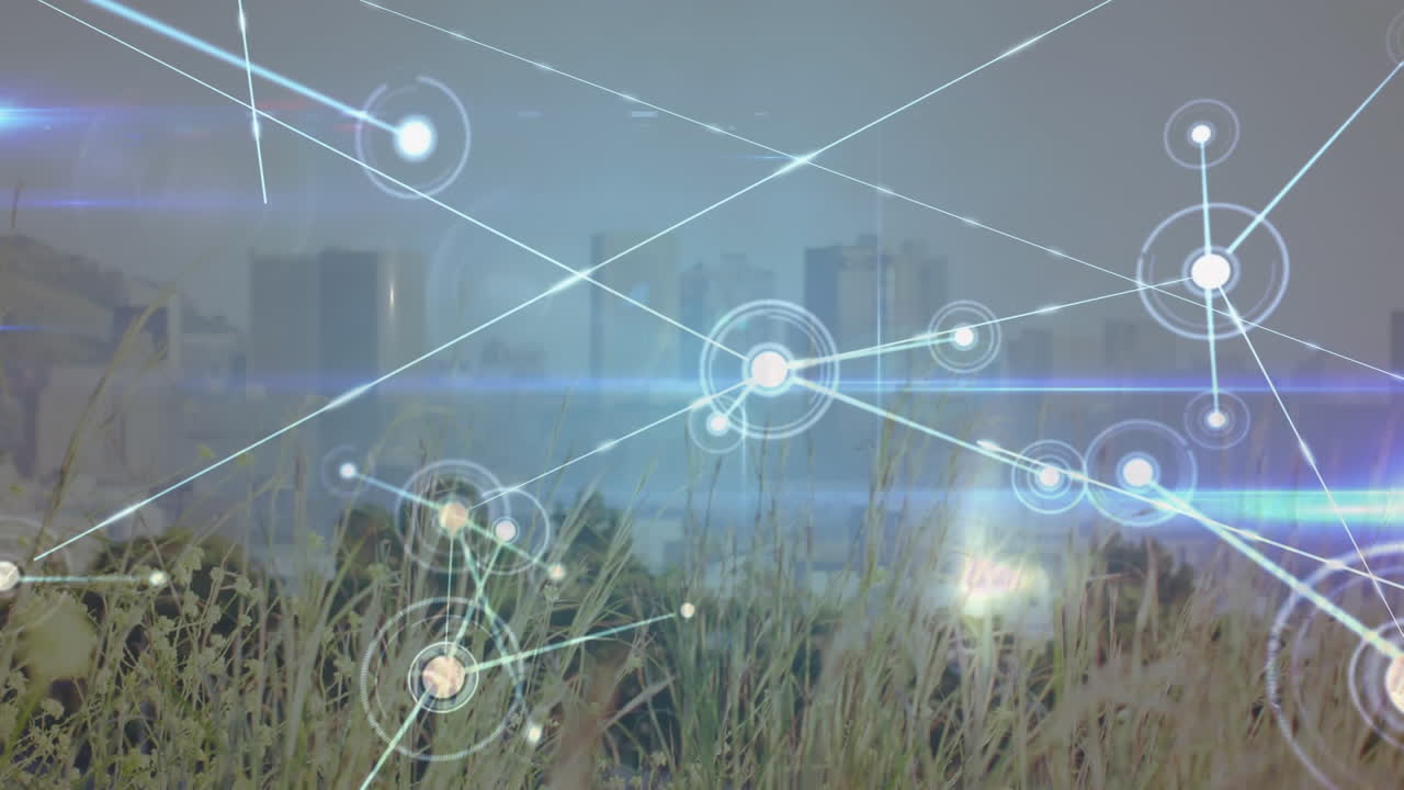 연결 네트워크의 애니메이션과 도시 풍경의 전망에 반해 반 ⁇ 이는 파란색 빛 트레일