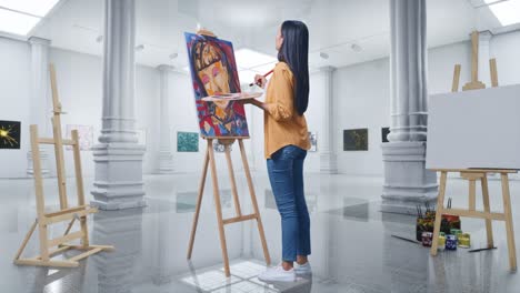 full body of asian female artist looking at the picture on canvas then saying wow while painting by oil paints and brush in gallery
